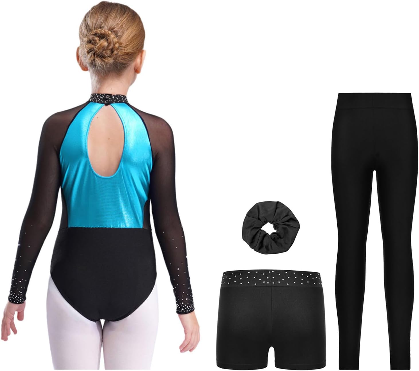 FEESHOW Kids Girls Gymnastics Dance Outfits Long Sleeve Color Block Leotard with Leggings Shorts Hairband Figure Skating Set