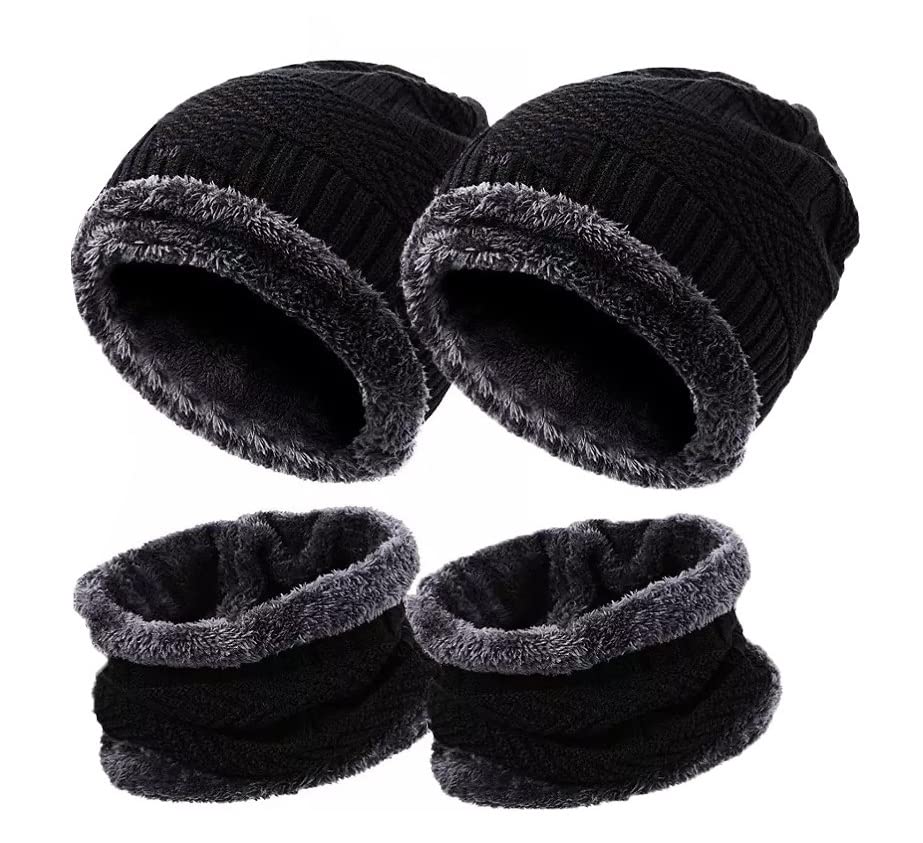 LuxulaSnow Proof Winter Warm Woolen Cap Neck Warm Scarf Ball Cap Knitted Beanie Hat Neck Muffler Set for Women and Men (Black)