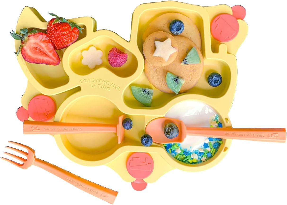 Constructive Eating Plate Made in USA | Constructive Baby | Kids Dinnerware Set, Yellow Truck Plate | Divided Suction Plates for Toddlers – Made with Materials Tested for Safety