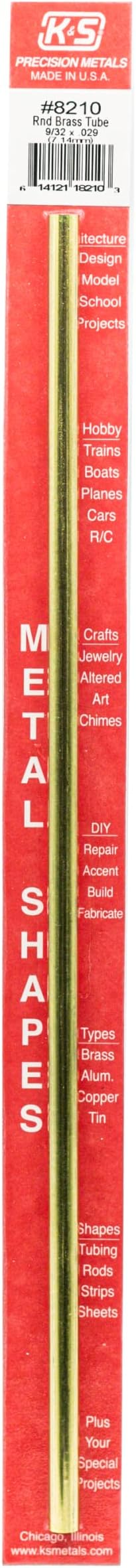 K&S8210 Round Brass Tube, 9/32" OD x .029" Wall x 12" Long, 1 Tube, Made in USA