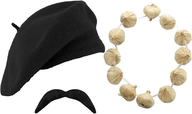Adult Unisex French Day 3 Pieces Beret Moustache & Onion Garland Fancy Dress Set Costume