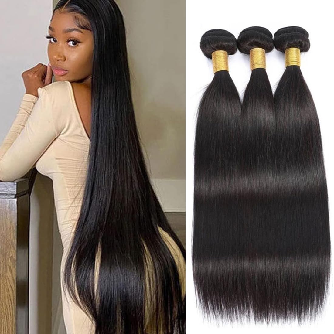 MsSunlight 12A Human Hair Bundles Straight Human Hair Bundles Weave Extensions Unprocessed Virgin Brazilian Hair Bundles Weft 3 Bundles Natural Color (Natural Black