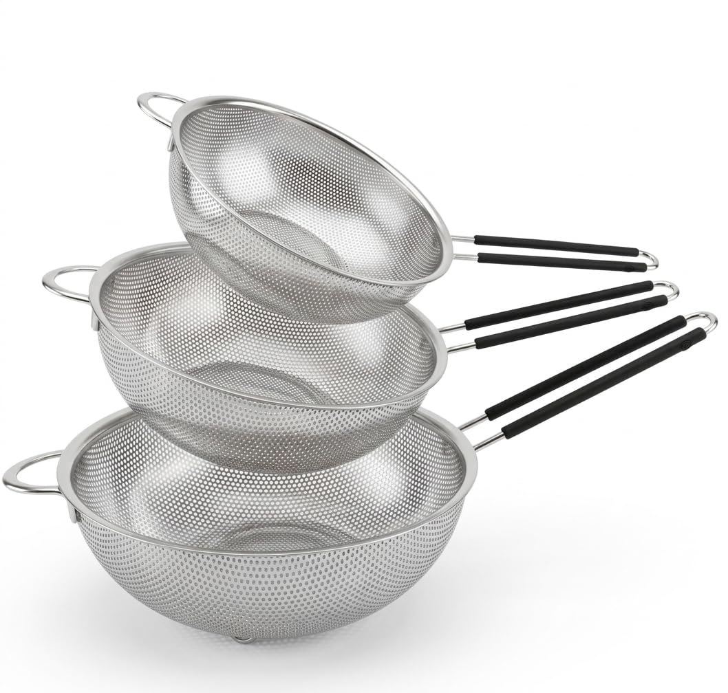 Colador de Cocina con Mango - Escurridor de Acero Inoxidable con Mango - Colador Arroz Microperforado - Escurridor Pasta - Acero Inoxidable - 16, 19 y 22 cm
