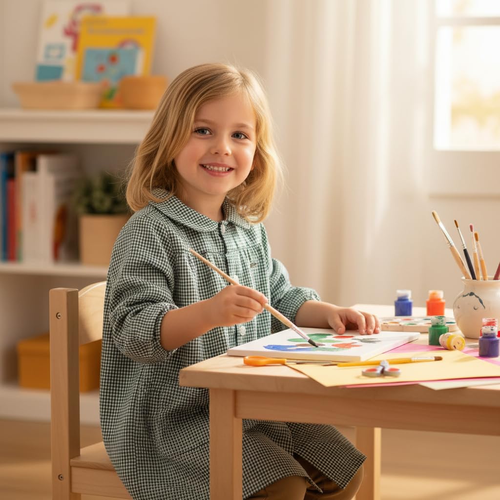 various Babi Escoloar Infantil con Botones Cuadrado,Bata Escolar con Bolsillos y Puños Ajustados para guardería y Colegio