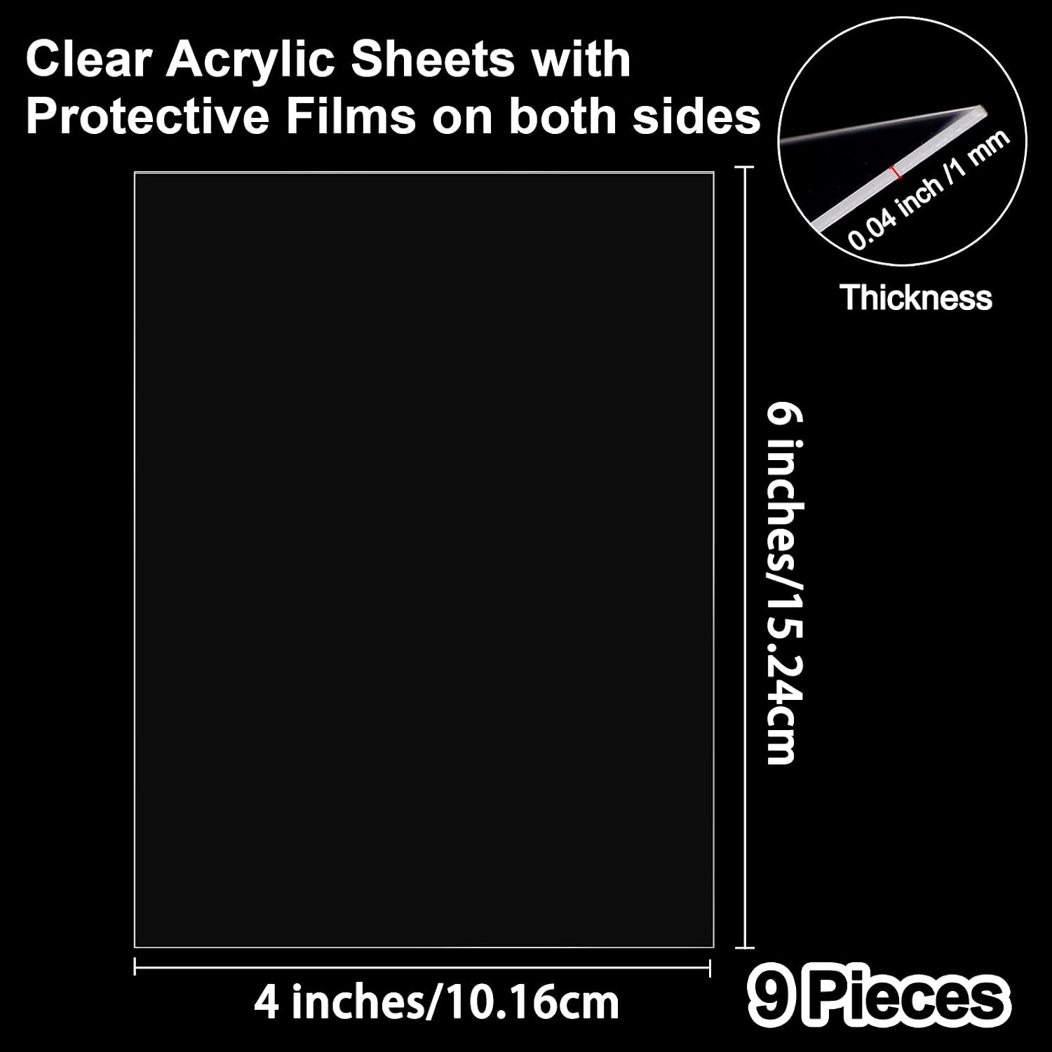 Aodaer 9 Pieces Clear Acrylic Sheets 0.04 Inch Thickness 4 x 6 Inches Transparent Square Panel Sheets with Protective Film for Picture Frame, Display Projects, DIY Craft