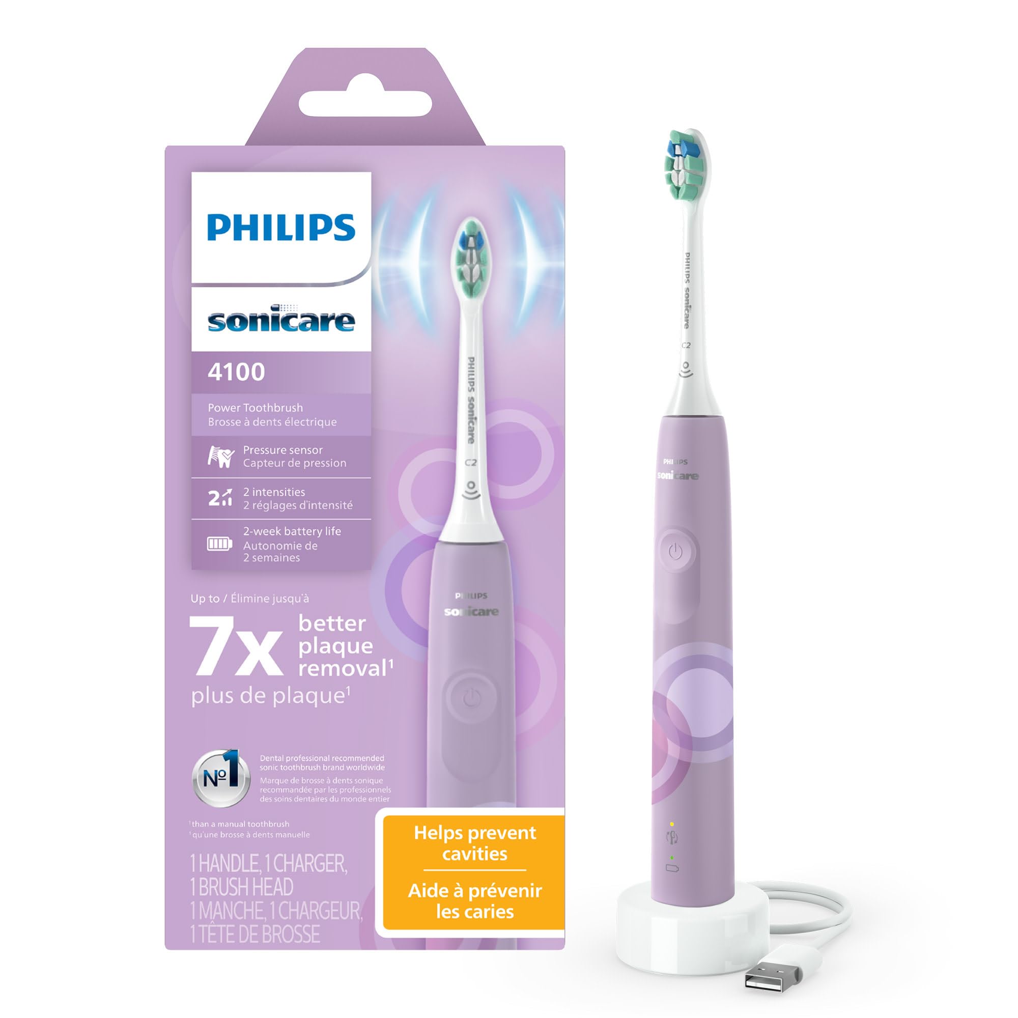 Philips Sonicare 4100 Power Toothbrush, Rechargeable Electric Toothbrush with Pressure Sensor, Lush Lilac, HX3689/24