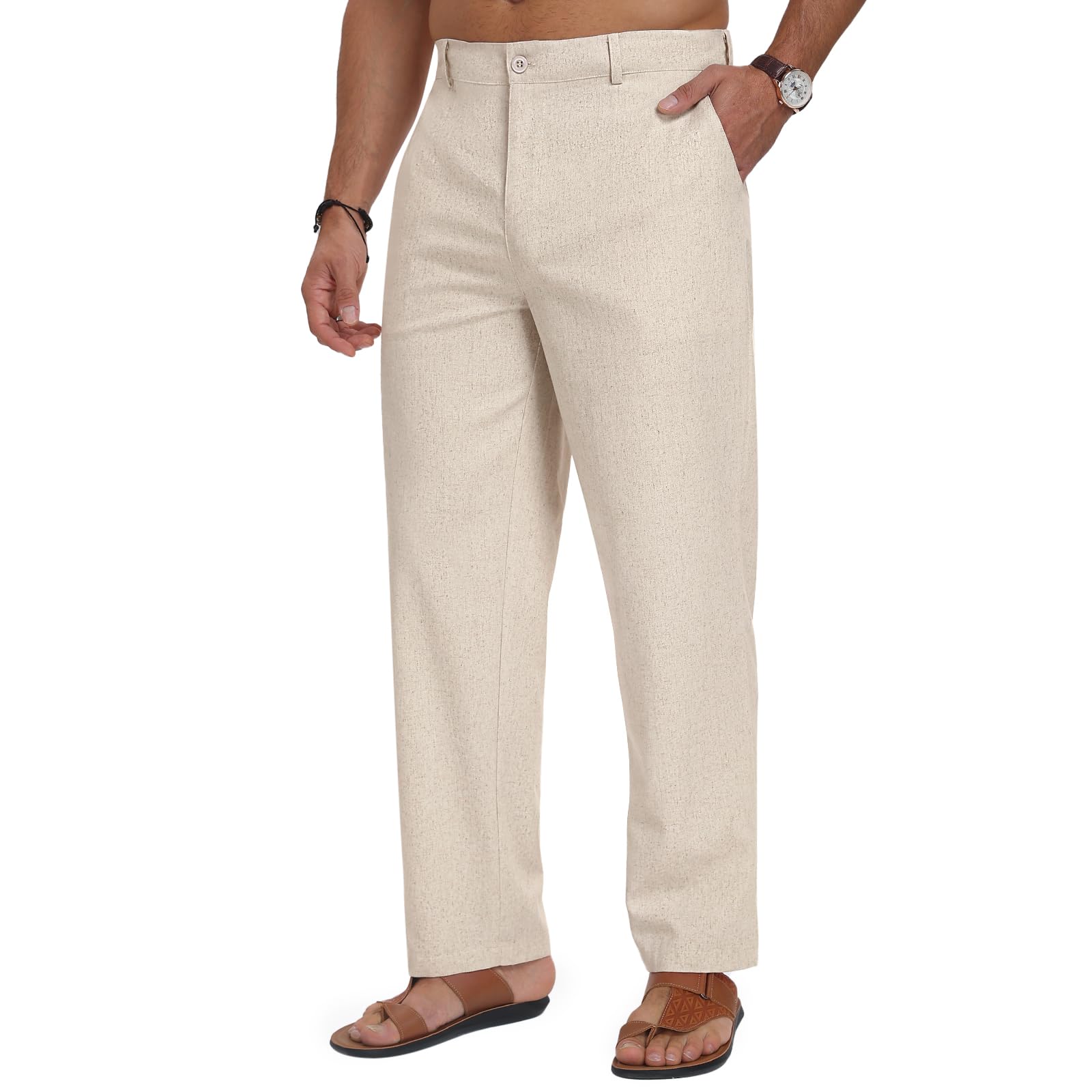 Puimentiua Herren Leinenhose Freizeithose Lang Anzughose leichte Sommerhose mit elastischem Bund und Kordelzug Reißverschluss atmungsaktiv für Urlaub Strand Alltag