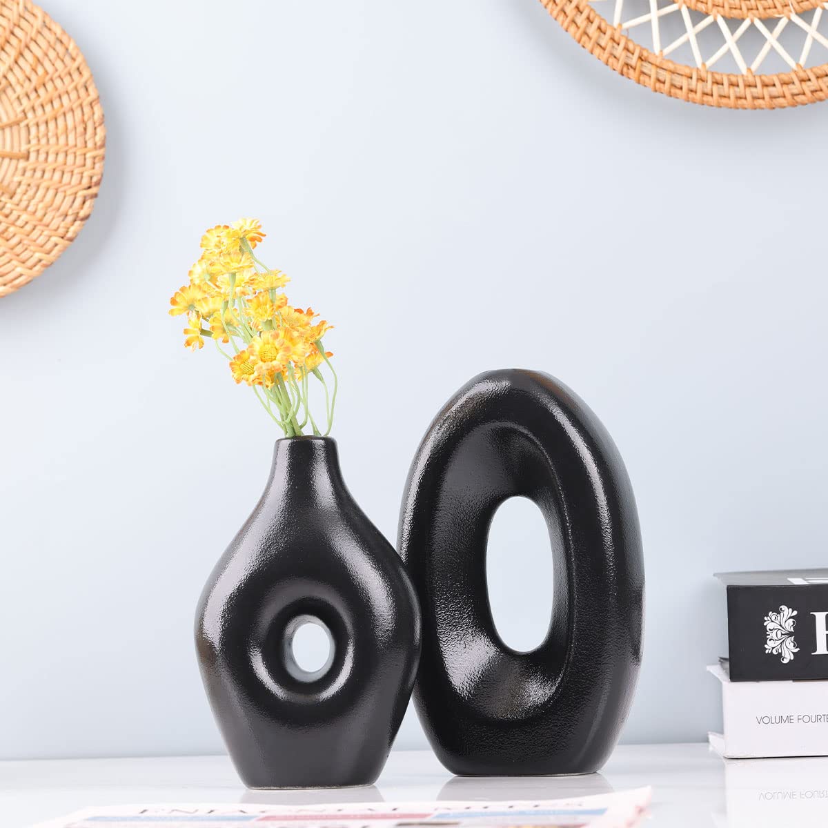 Set di 4 vasi rotondi in ceramica nera Per decorazione di erba e fiori della pampa Vasi moderni e minimalisti per soggiorno, camera da letto, camino e tavolino da caffè