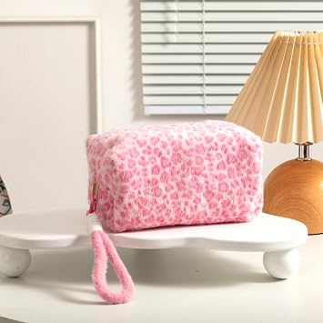 Leopard Print Plush Pencil Case with Wrist Strap Large Capacity Fluffy Pen Pouch for Students Cute Stationery Organizer Bag for School Portable Makeup Cosmetic Bag (Pink)