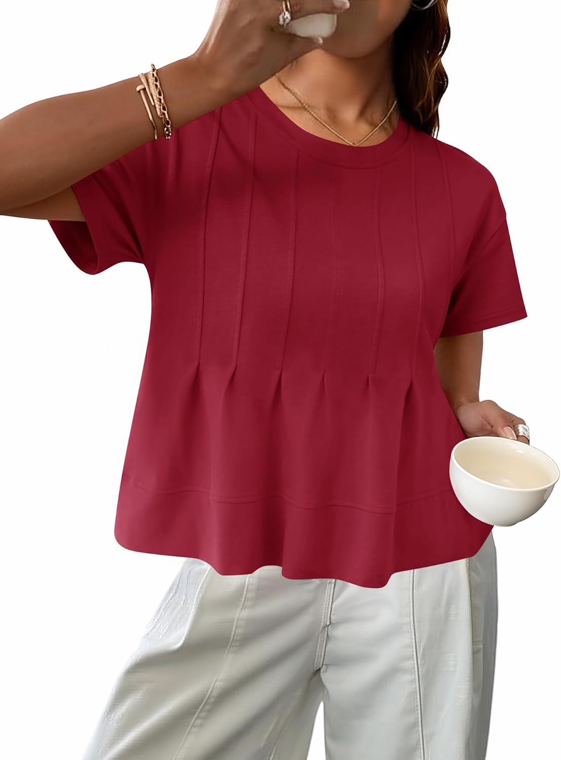 LOMON Spring Peplum Tops for Women Babydoll Pleated Short Sleeve Crop Swing Shirts Blouses Trendy Casual Clothing 2026 - Image 2