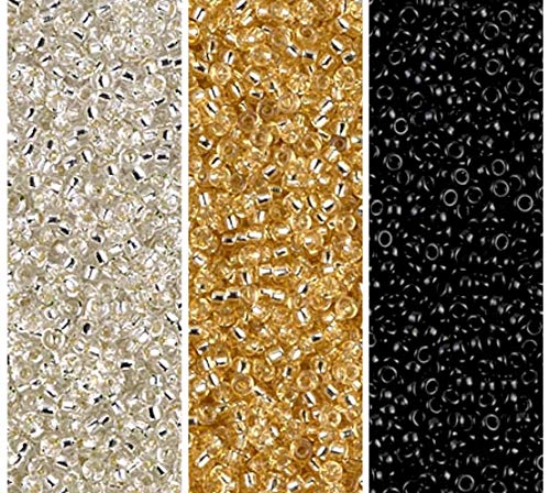 Bundle of 3 Colors - Miyuki Seed Beads Size 15/0, Silver Lined Crystal, Gold & Black Each in a 2 Inch, 8.2 Gram Tube
