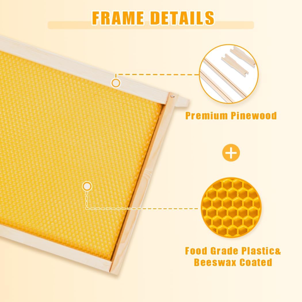 POLLIBEE Bee Frames, 10 Pack Beehive Frames with Beeswax Coated Foundation Sheets, 9-1/8 Inch Yellow Deep Hive Frames(Unassembled)