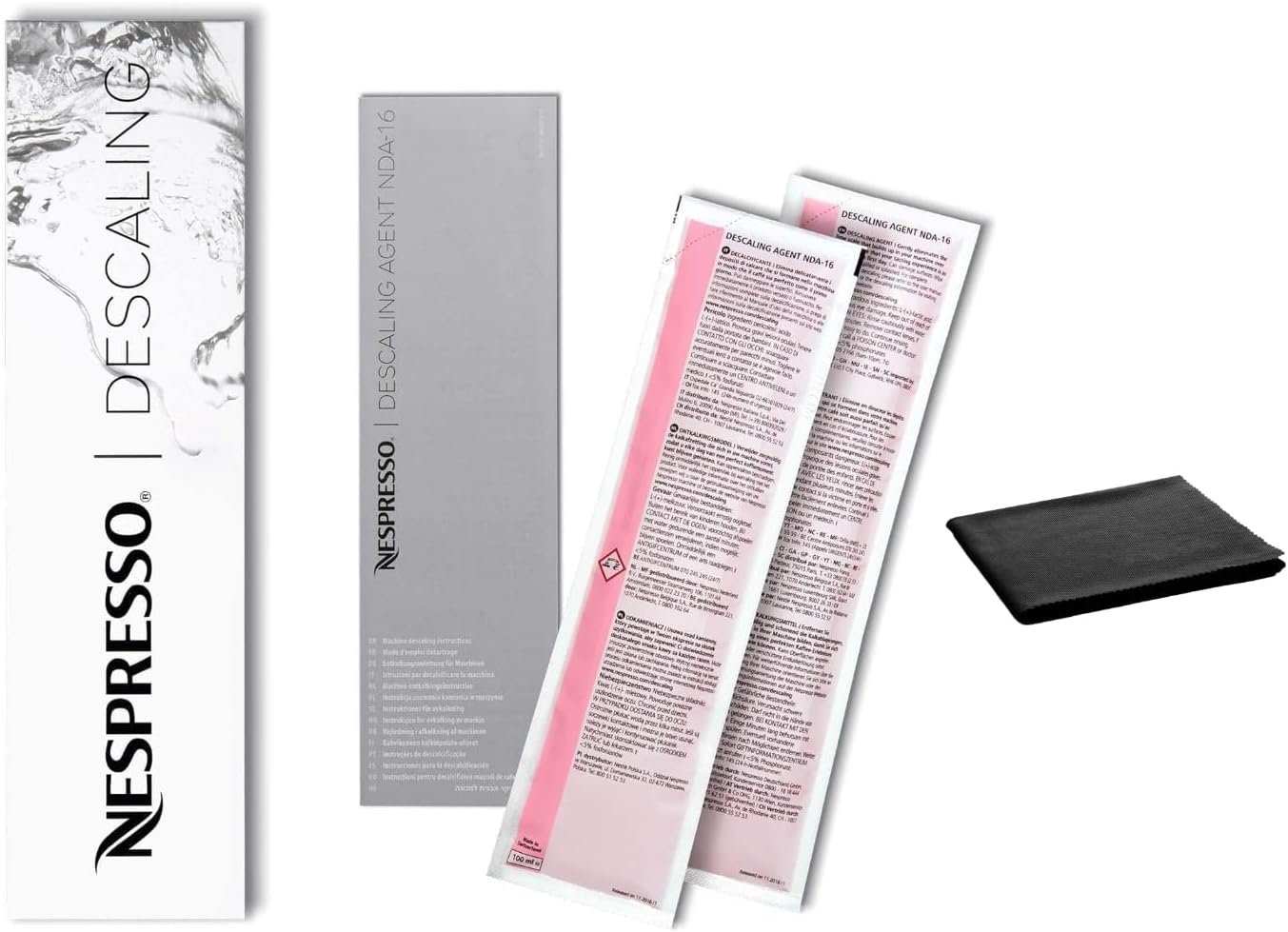 Nespresso Descaling Kit Solution, Fits all Models, 2 Packets, Descaling Solution for All Models, Includes Cleaning Cloth, Clear