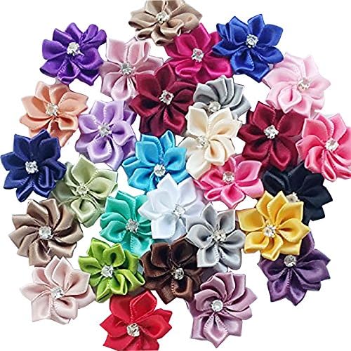 Libiline Upick More Than 26 Colors 40PCS Satin Ribbon Flowers Bows Rose w/Rhinestone Appliques Craft Wedding Dec (Multi-Color)
