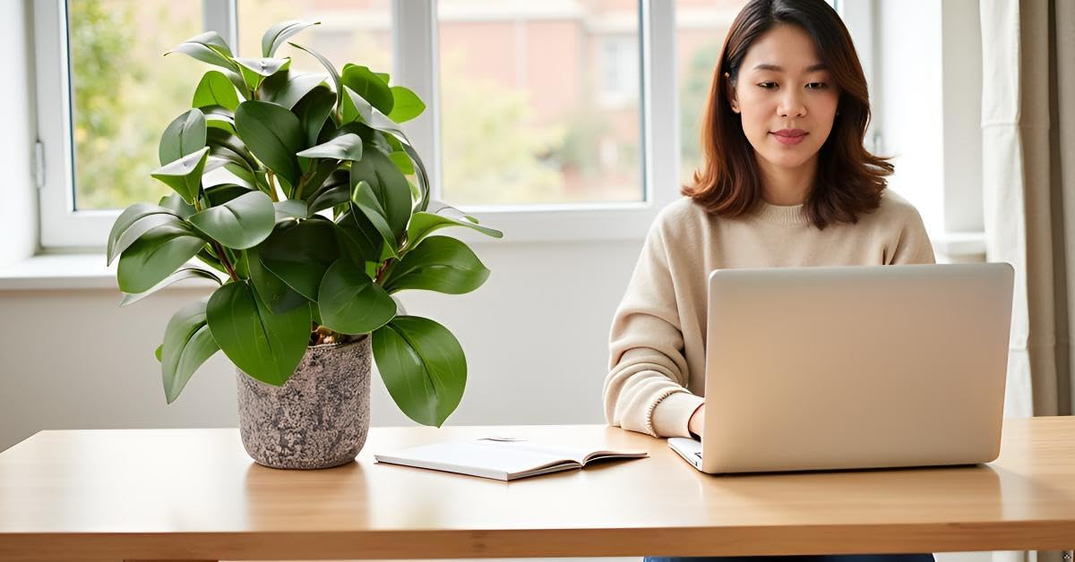 Indoor Faux Ficus Plant 13.5 inch Artificial Greenery in Rustic Cement Planter Realistic Dark Green Leaves with Textured Pot Maintenance-Free Small Fake Plant for Home Office Decor - Image 3