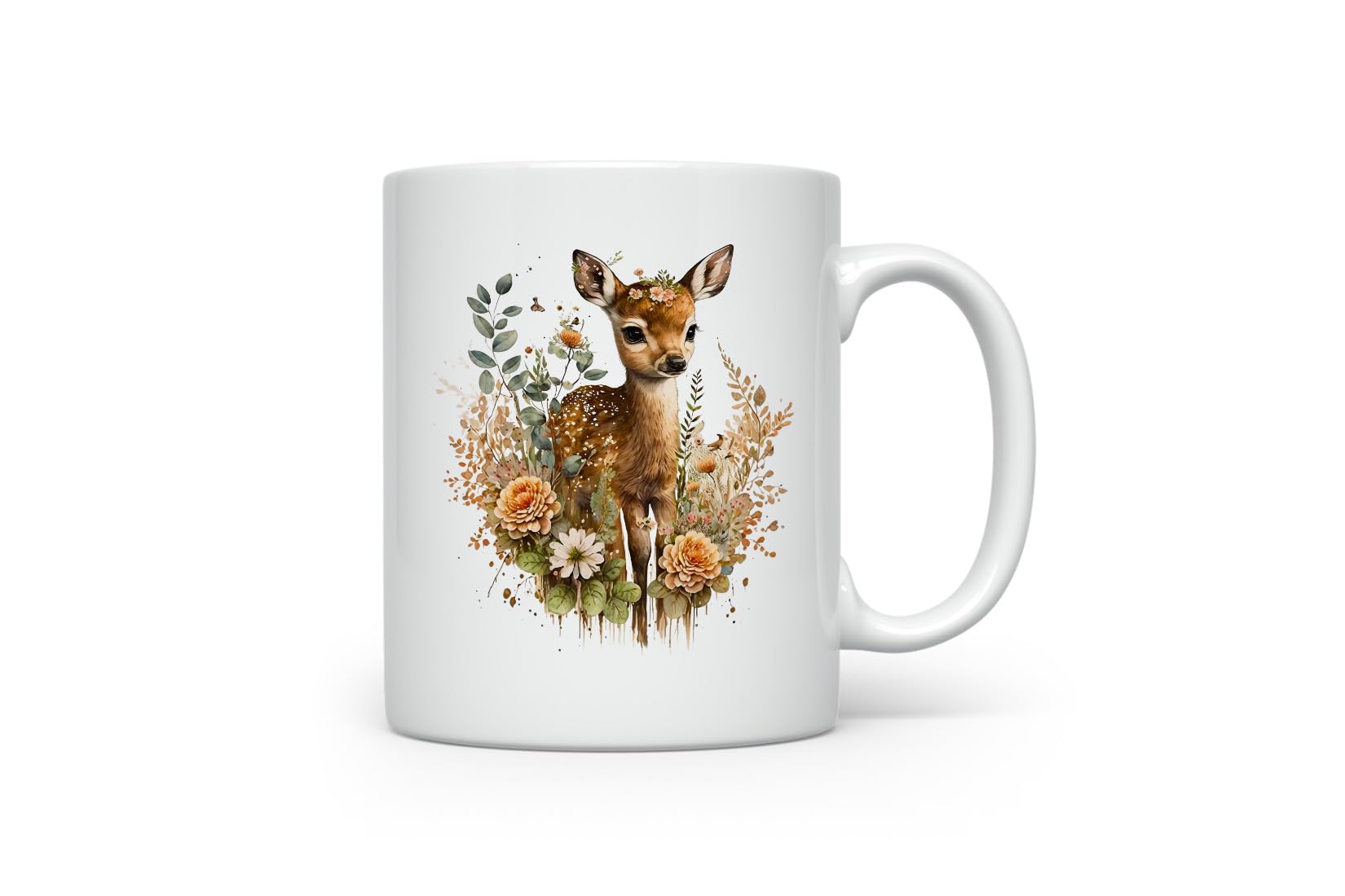 MAXIKIWI - Smooth Durable Ceramic Coffee or Tea Mug for Home or Office - Perfect for Any Occasion - Watercolor Floral Baby Deer - 300ml