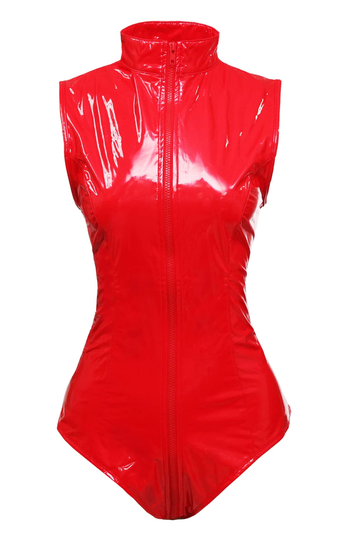 bslingerie Sexy Wet Look PVC Zip Up Clubwear Bodysuit Teddy: Red X-Large