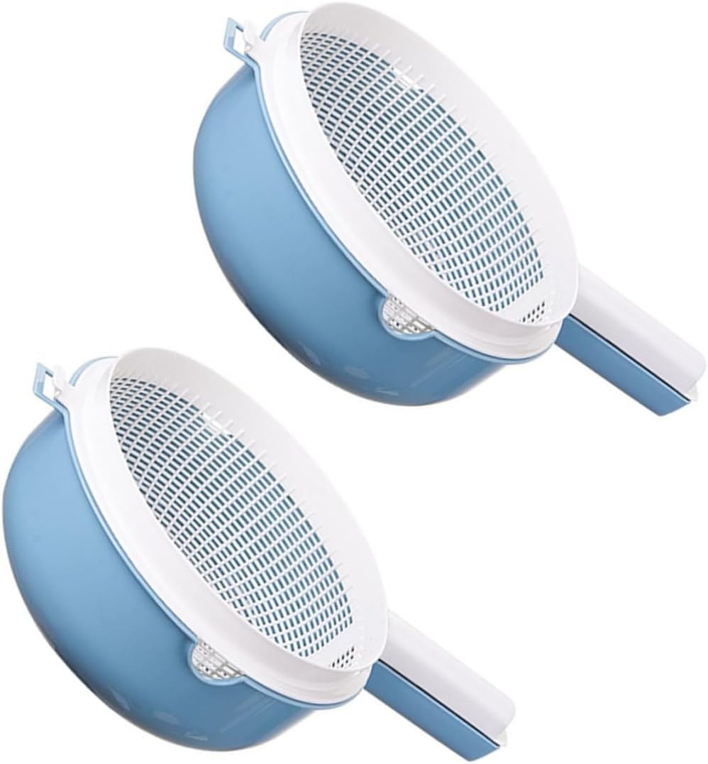 2pcs Double Layer Plastic Washing Basket with Handle Portable Fruit and Vegetable Strainer Kitchen Drain Colander for Removal Blue