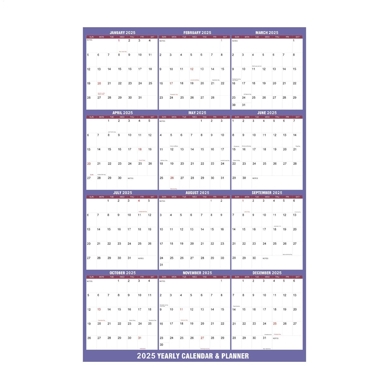 Calendario planificador anual 2025 borrable, calendario de pared 2025 | Calendario de pared borrable por año para lista de tareas pendie