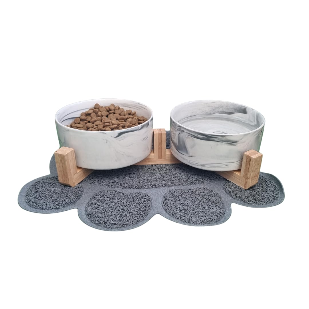 COMEDERO Perro Gato Doble 2 X 850 | CERÀMICA | Cuencos ELEVADOS | Bebedero Perro Gato | Color MÀRMOL | Alfombrilla Antideslizante Forma Huella | DISEÑO Moderno Y Elegante