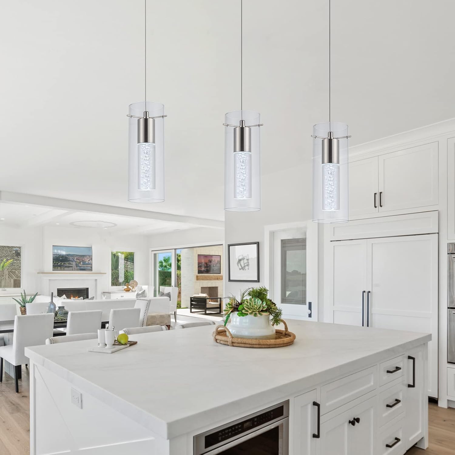3 Pack Pendant Lights Kitchen Island, 6000K Kitchen Island Dining Room Light Pendant Lighting Fixtures Bubble Crystal Chandelier Over Island Table Modern Hanging Light for Bar Dining Room