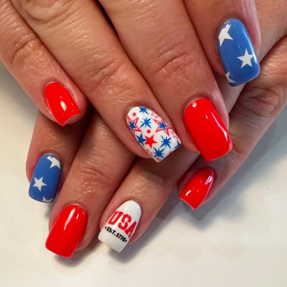4th Of July Fake Nails Medium Square Press On Nails Independence Day False Nails With Star Design Red Glue On Nail Blue Acrylic Full Cover Artificial