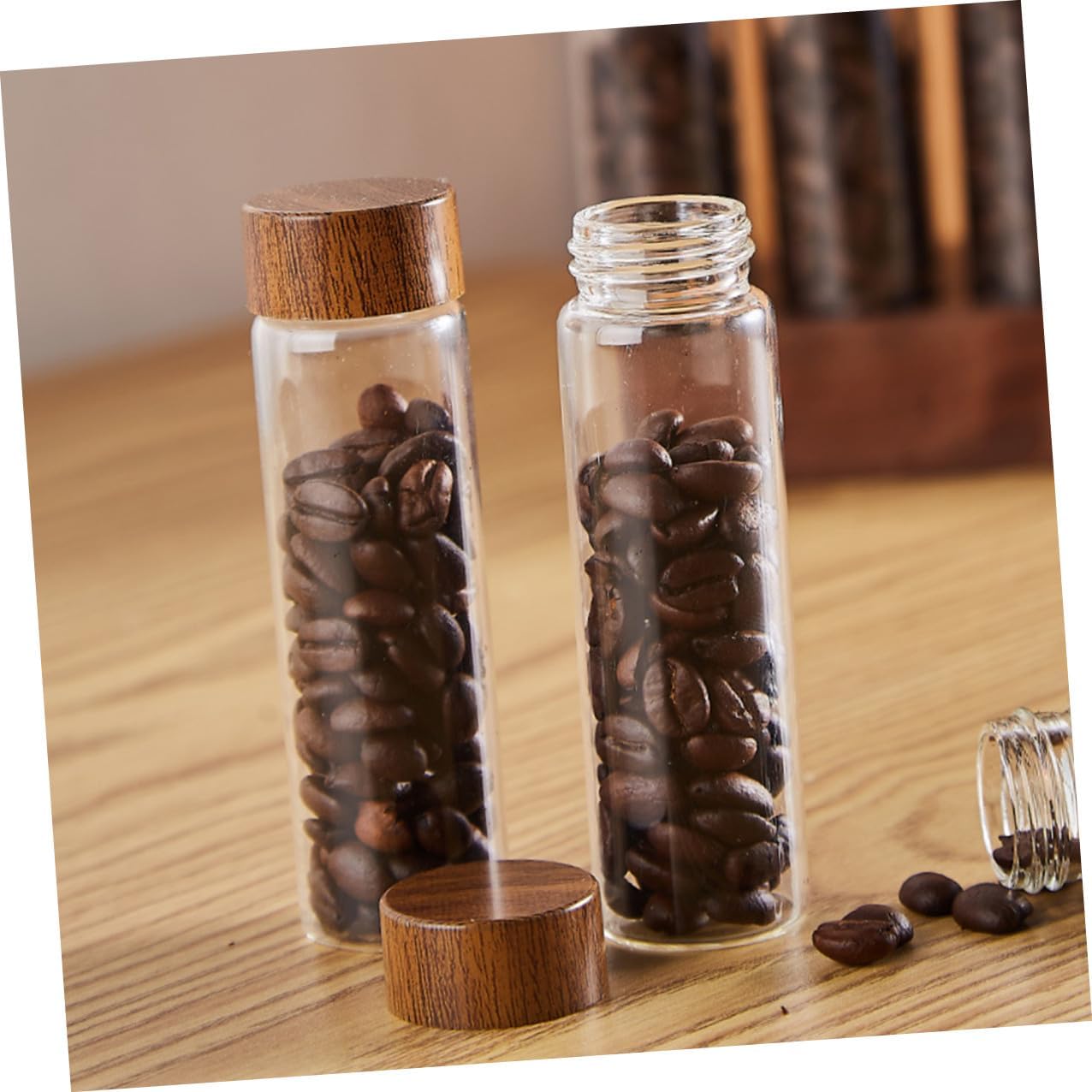 Luxshiny Coffee Bean Jars Set with Airtight Glass Storage Tubes and 6-hole Wooden Stand for Kitchen Coffee Bean Storage and Display