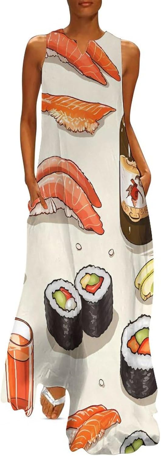 Beer and Sushi Pattern Women's Casual Sleeveless Maxi Dress V Neck Beach Long Sundress