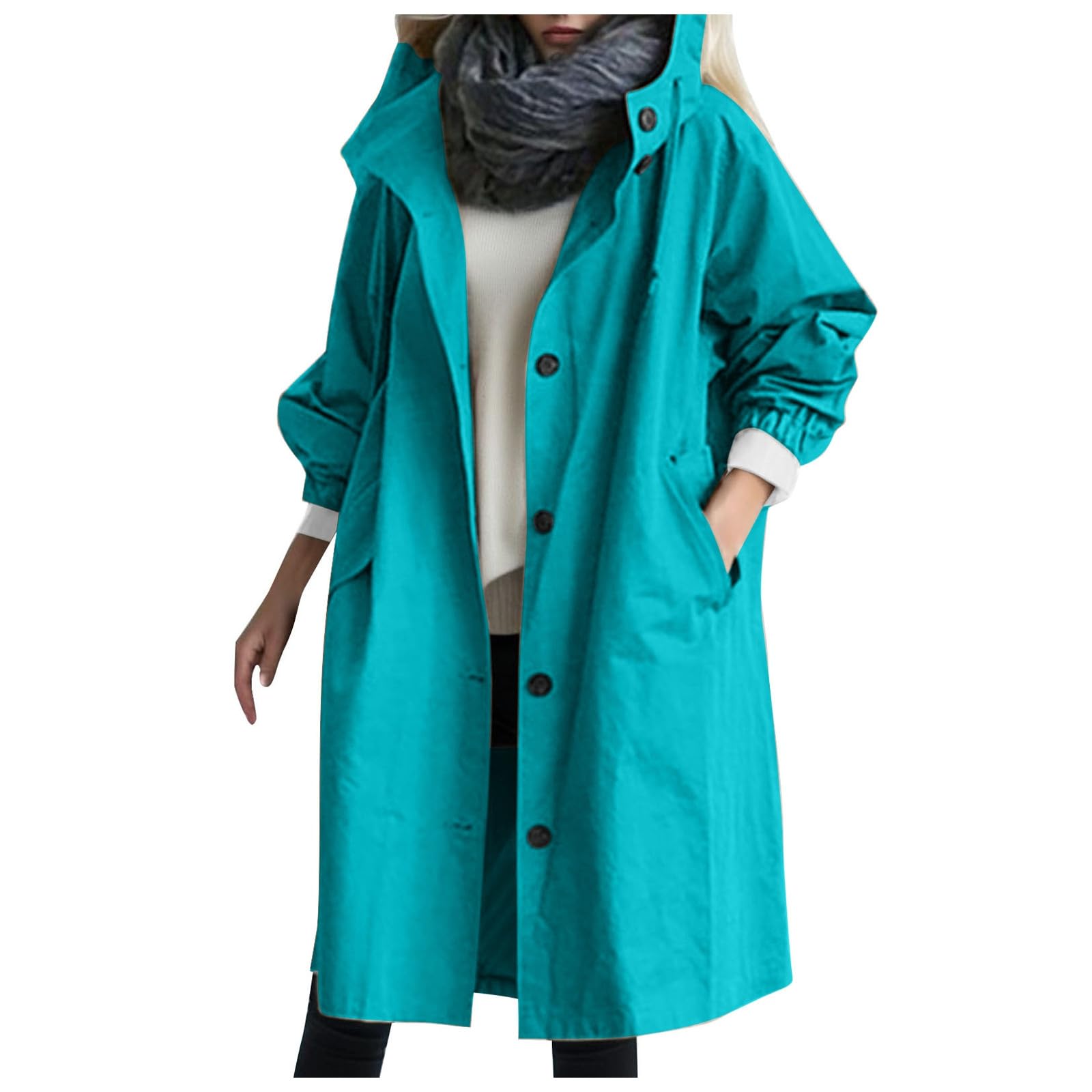 Trench Coat pour femme, trench long avec capuche, parka, manteau de transition, manteau d'été, veste coupe-vent, veste d'extérieur léger, trench coat, manteau, coupe-vent, bleu, taille L