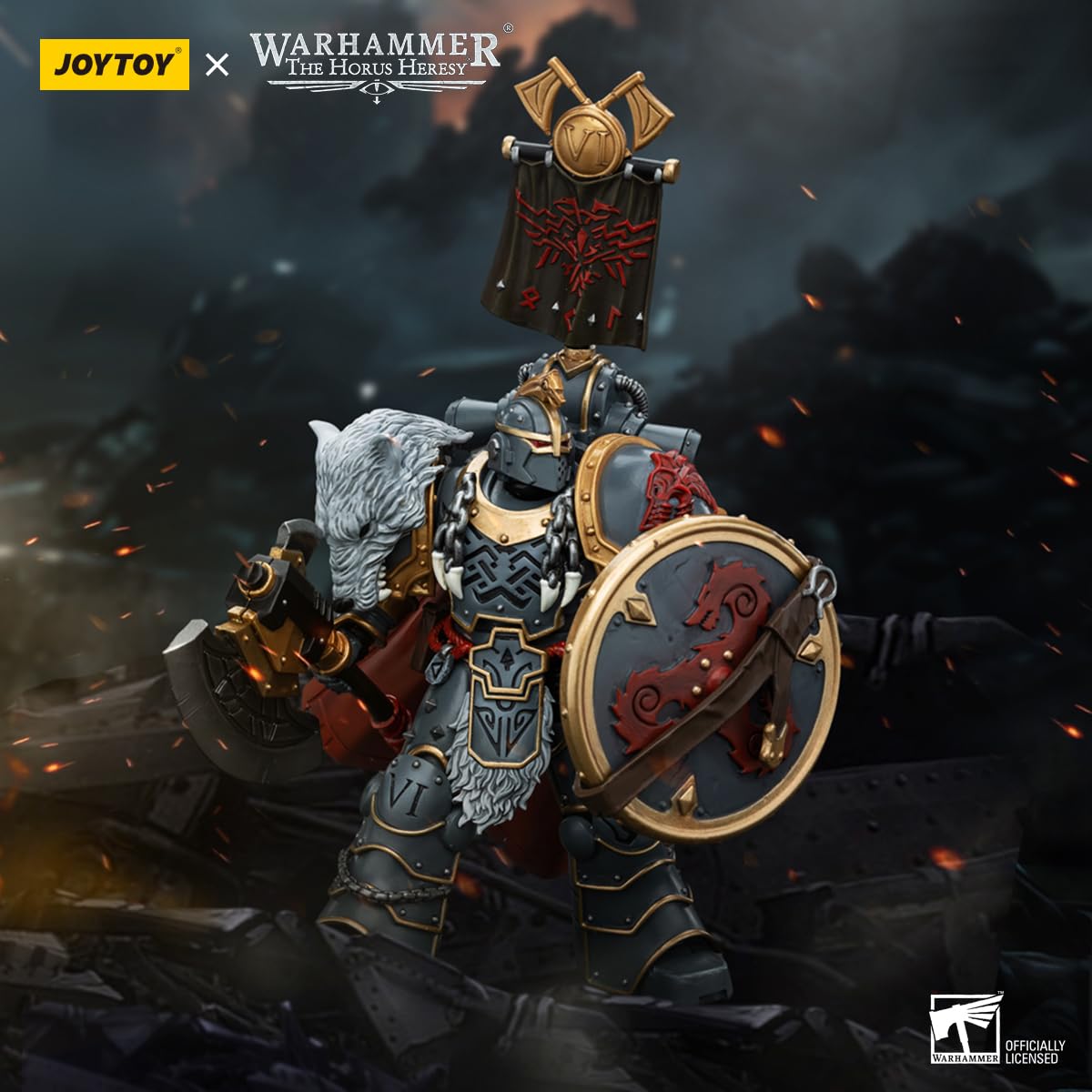 TOYVERSE JOYTOY 1/18 - Figura de acción Warhammer The Horus Heresy, Space Wolves Legion Praetor with Power Axe and Combat Shield, articulaciones móviles Modelo de personaje, 15 Años y más