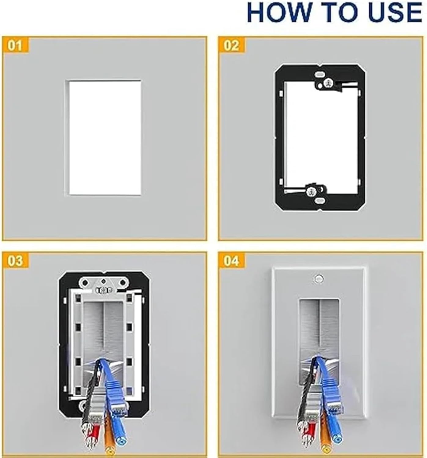 4pcs In Wall Cable Management Kit Wall Cable Pass-Through Insert With 4 Brush Design And Single Gang Low Voltage Mounting Bracket