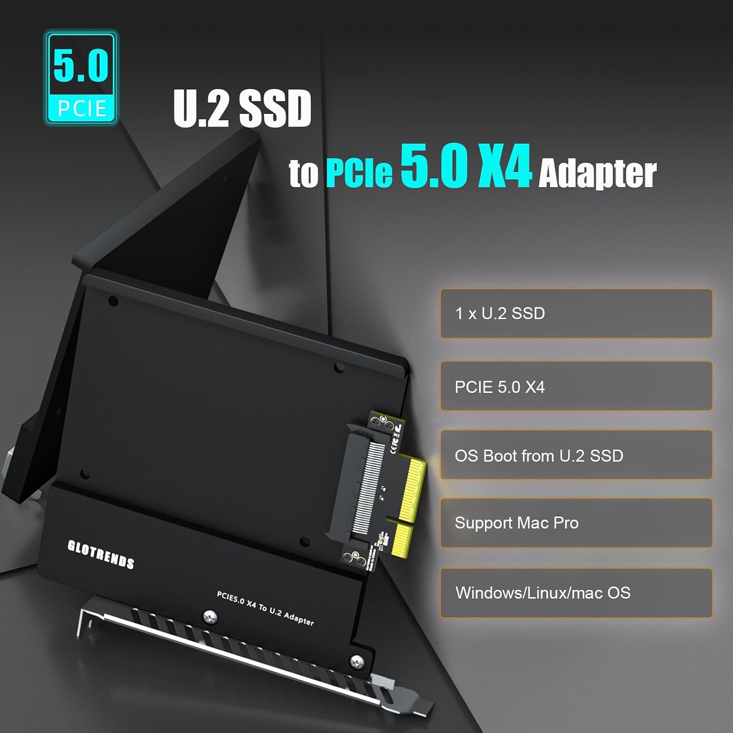 GLOTRENDS PU15 U.2 to PCIe 5.0 X4 Adapter, PCIe 5.0 X4 Full Speed (No Signal Attenuation Design), All-Aluminum Back Panel for Heat Dissipation