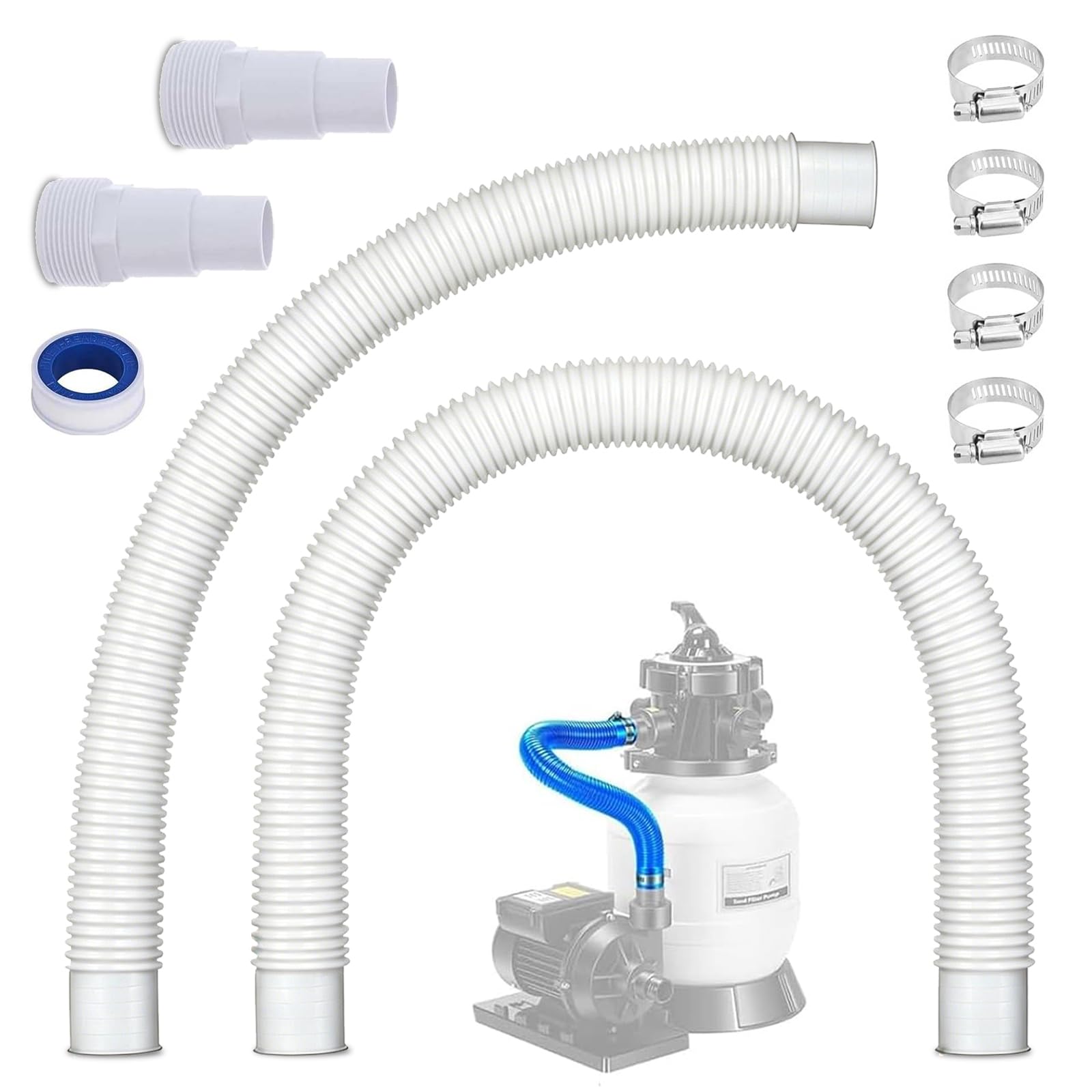 Photo 1 of 1.5" x 16" Pool Sand Filter Pump Hose for Intex & Coleman Above Ground Pools - with Pool Hose Adapter Replacement Fits Hayward Pump,Skimmer & Saltwater Systems (2, White)