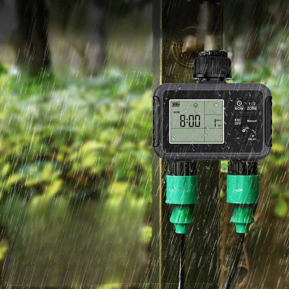 Temporizador de agua programable para grifo de jardín con configuración de entrada y salida de zonas duales independientes y capacidad de anulación manual