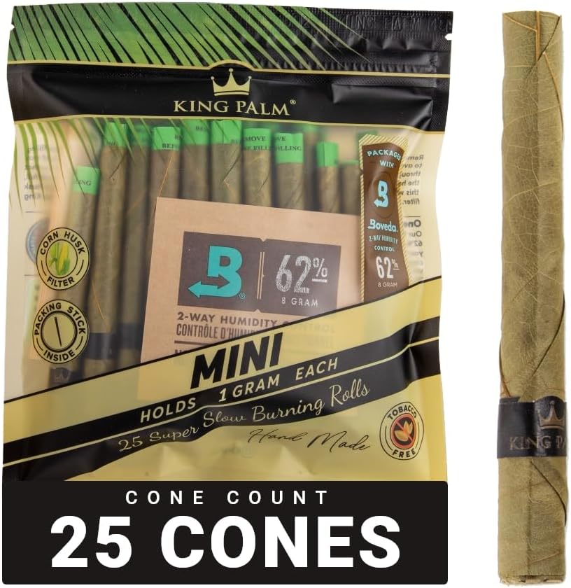King Palm Mini Size Cones - Natural Pre Rolled Cone Palm Leafs - Corn Husk Filter Tip - Pre Rolled Rolling Paper with Tips & Packing Tubes Included