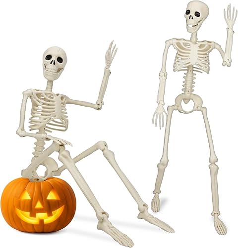 Paquete de 2 esqueletos posables de 36 pulgadas, decoraciones de Halloween esqueleto de tamaño real de 3 pies con articulaciones móviles de cuerpo