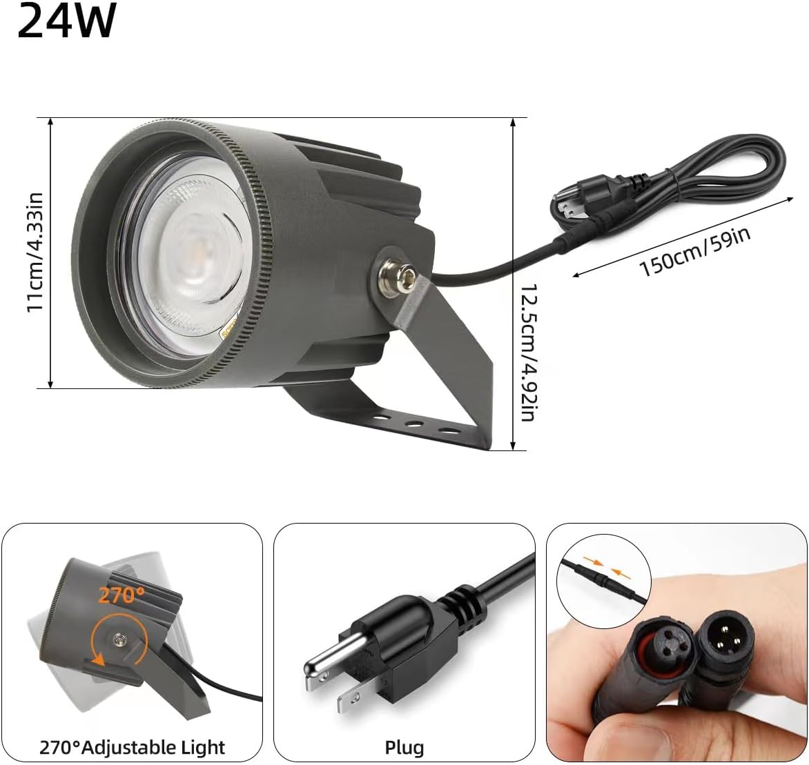 Led Landscape Outdoor Spot Light - Heavy Duty 120V Accent Light 270⁰ Adjustable Mount, 3000K Waterproof IP67 Thickened Aluminum, High Lumen Spotlight for BLDG Yard Garden Tree Flag Pole (24W)
