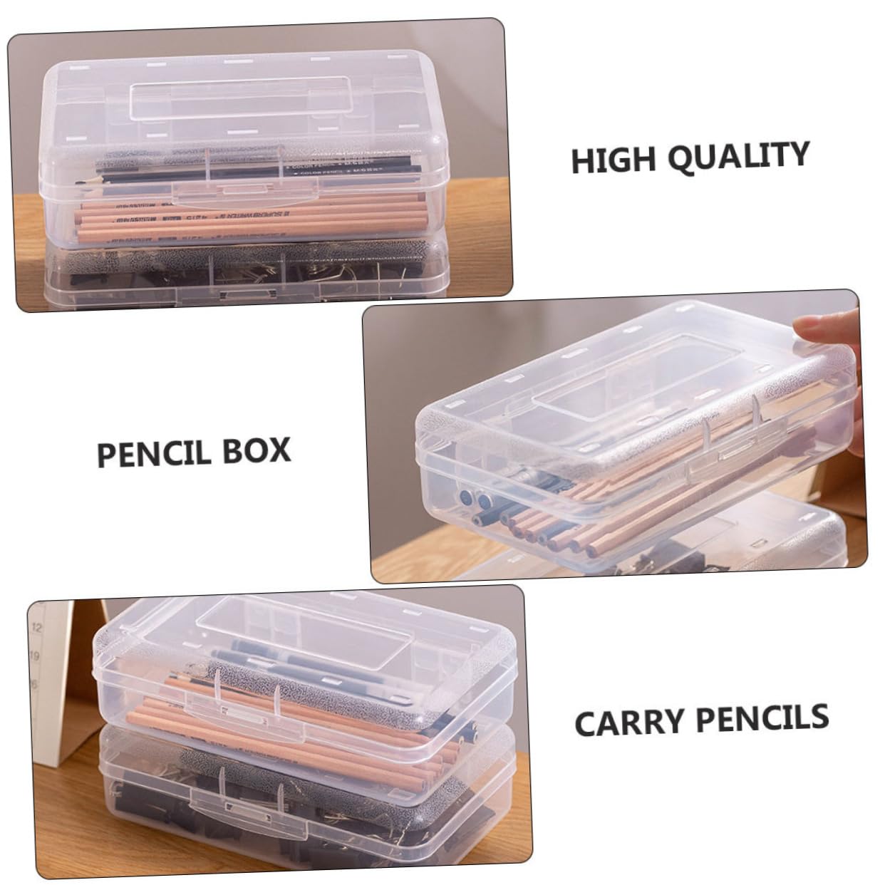 Set 6 Astucci Trasparenti per Penne in Plastica Coperchio Rapido, Organizer Portapenne Impilabile per Studenti e Insegnanti, Contenitori per Cancelleria da Scrivania e Scuola