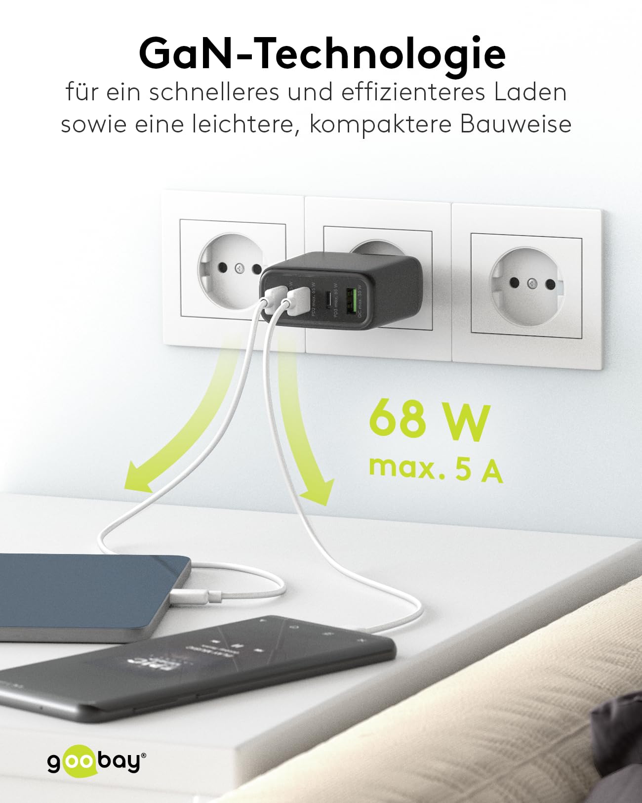 goobay 64819 USB-C PD 4-Fach Multiport Schnellladegerät (68W) / 1x USB-A 3X USB-C Eingang/Power Delivery/Netzteil für Ladekabel vom iPhone und Anderen Handys/Handy Ladegerät/schwarz