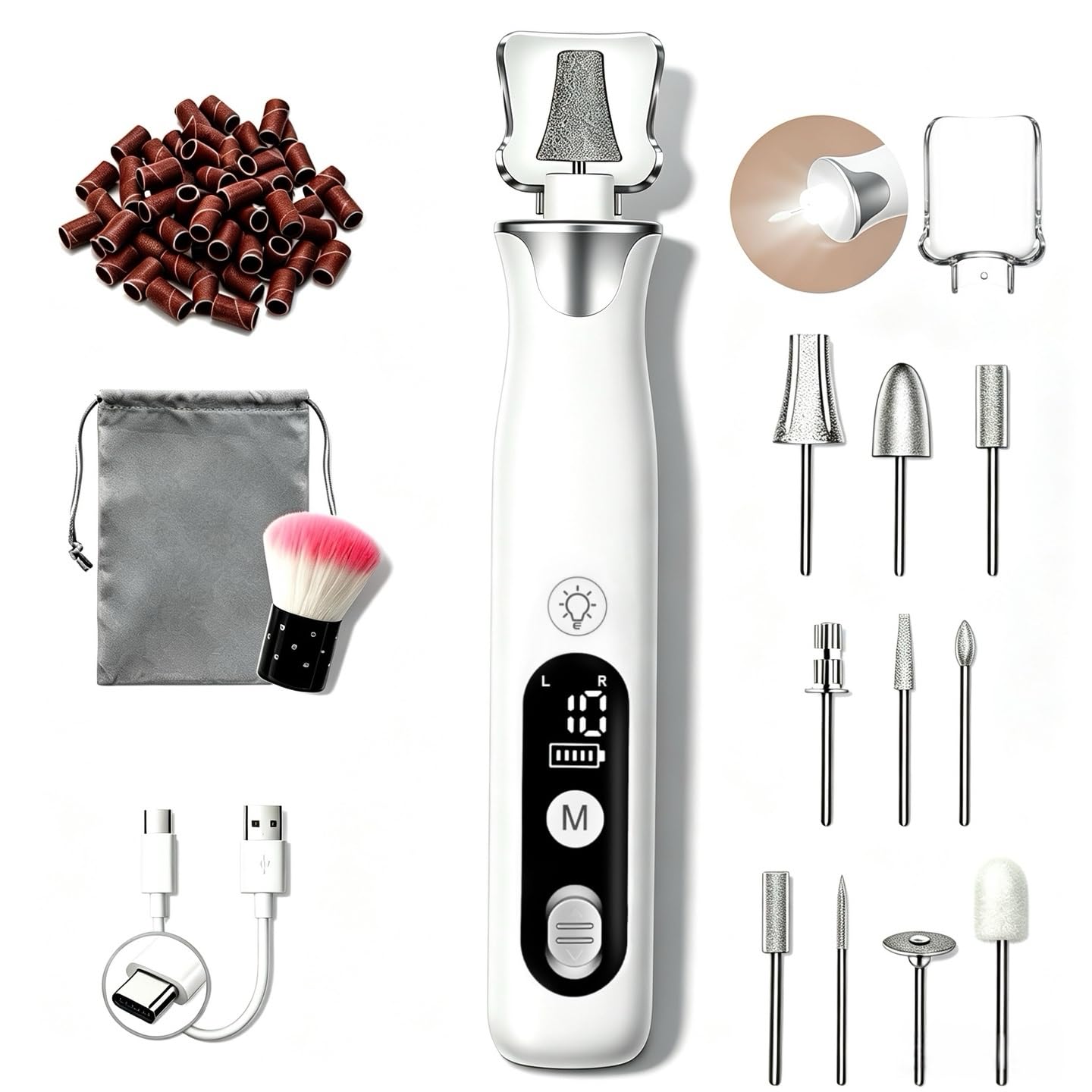 Cordless Electric Nail Drill,Professional Hand Feet Care Rechargeable File Kit,Gel Nail Polish Remover Machine with LED Display,Acrylic Gel Nail Polishing Removing (Silvery White Set)