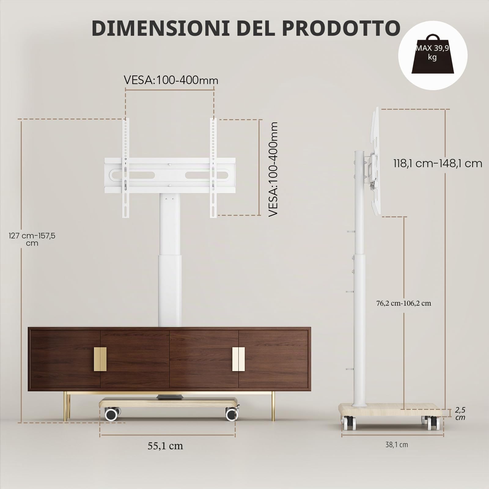 Supporto TV mobile per TV da 27 a 65 pollici, carrello TV portatile con ruote, grande supporto universale con supporto girevole, altezza regolabile per angolo camera da letto, esterno.