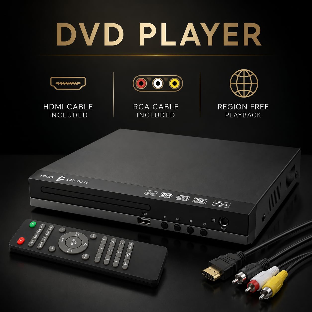 DVD-Player für Fernseher mit HDMI-Anschluss 1080P, DVD-/CD-Player für alle Regionen mit USB-Eingang, Fernbedienung, HDMI- und Cinch-Kabel im Lieferumfang enthalten, inklusive Bonus Stuhl-Übungs-DVD