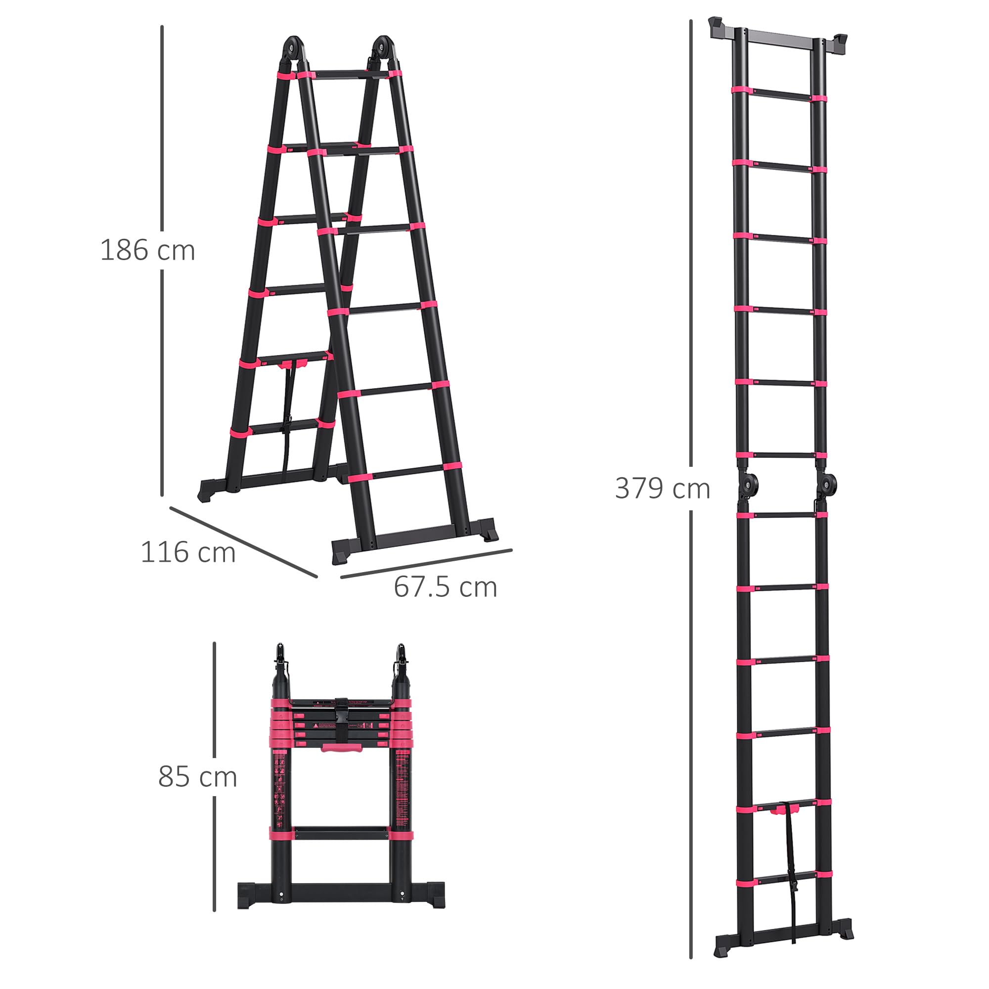 HOMCOM Escalera de Aluminio Plegable Portátil 379x67,5x11 cm Negro y Rojo | 2 Formas de Uso, Retráctil, Escalera Telescópica, 12 Escalones Antideslizantes, Carga 150 kg