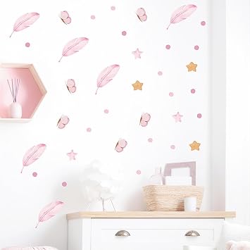 72 Pcs Pink Feathers Stars Wall Stickers Polka Dot DIY Wall Decals