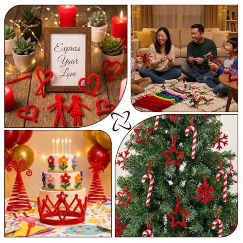 Image of Red Pipe Cleaners Craft Bulk,Valentine's Day Gift,100Pcs Chenille Stems Hand Crafts,Flowers DIY Craft Supplies for Home /Christmas Arts and Crafts Decorations,Sensory Toys for Ages 8-13,Family Games