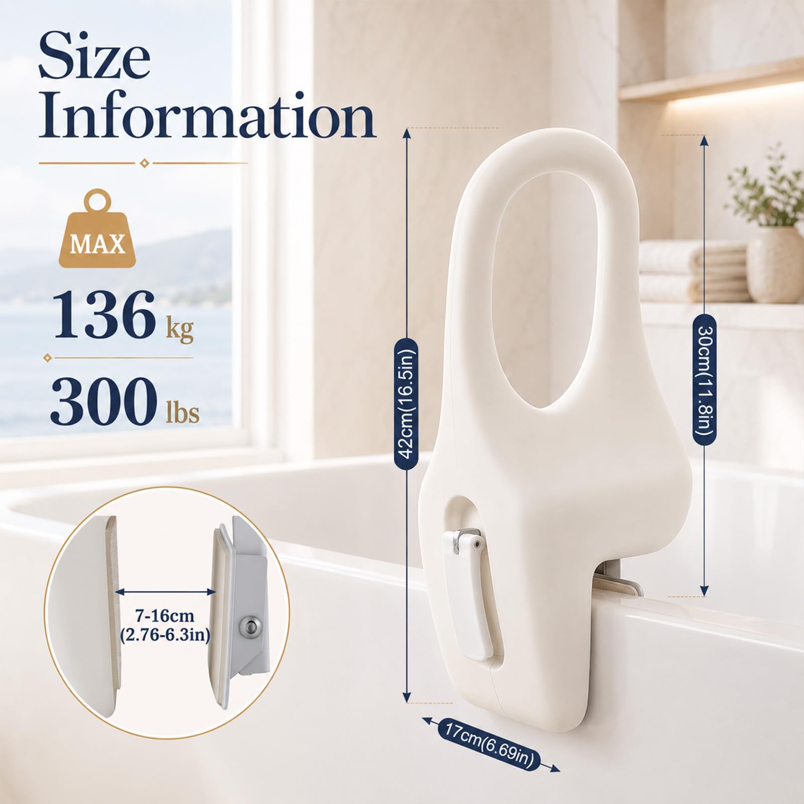 Asidero para bañera para personas mayores, mango de bañera sin necesidad de taladrar, ancho ajustable 7 ~ 16 cm, material soplado de polietileno, asidero para baño, color blanco, ayuda para entrar y