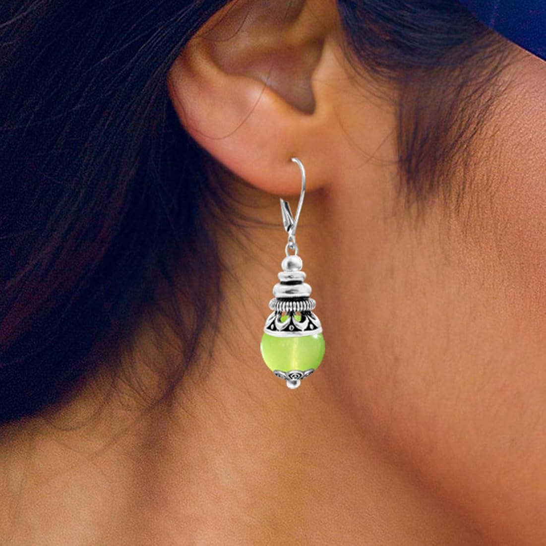 Natural 10mm Stone Beads Drop Earrings,Retro Silver Round Quartz Crystal Gemstone Beads Dangle Earrings for Women - Image 3