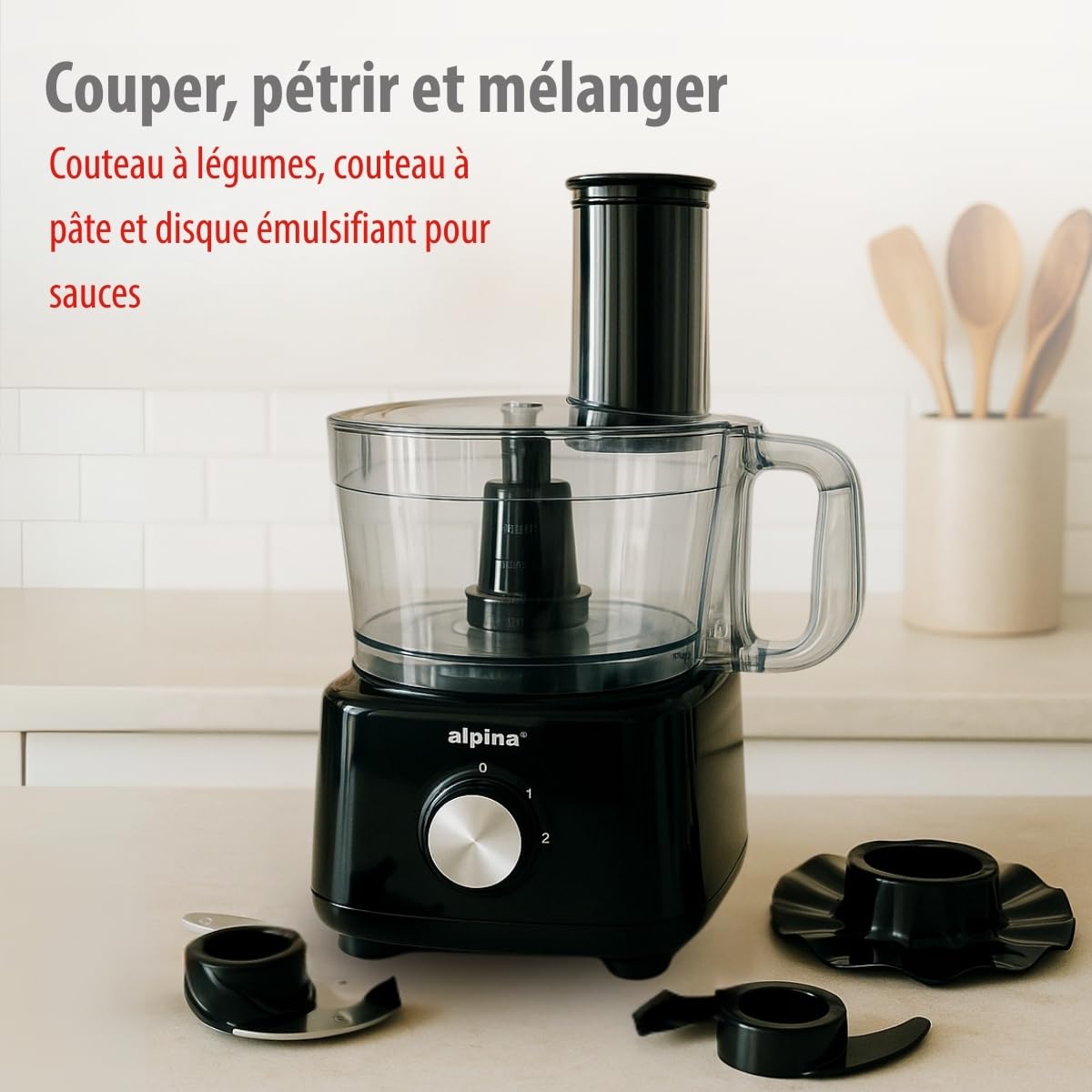 alpina Robot Cuisine FP413GS - Blender Smoothie 1.8L - Robot Multifonctions avec Lames et Râpes - Hachoir Électrique et Pétrin - 750W - Noir