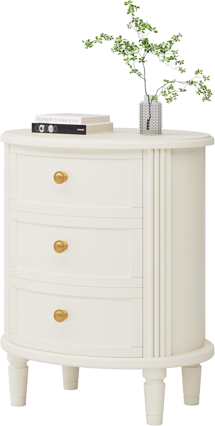 LITTLE TREE No Assembly Nightstand with 3 Drawers, Farmhouse Off-White Bedside Table for Bedroom, All Wooden Oval Nightstand with Storage