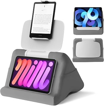 SAIJI Tablet Pillow Stand - iPad mini Kindle Holder for Lap in Bed, with Lifter & Angle Adjustable Multi-Function Clip for 4-13" Tablets, Grey